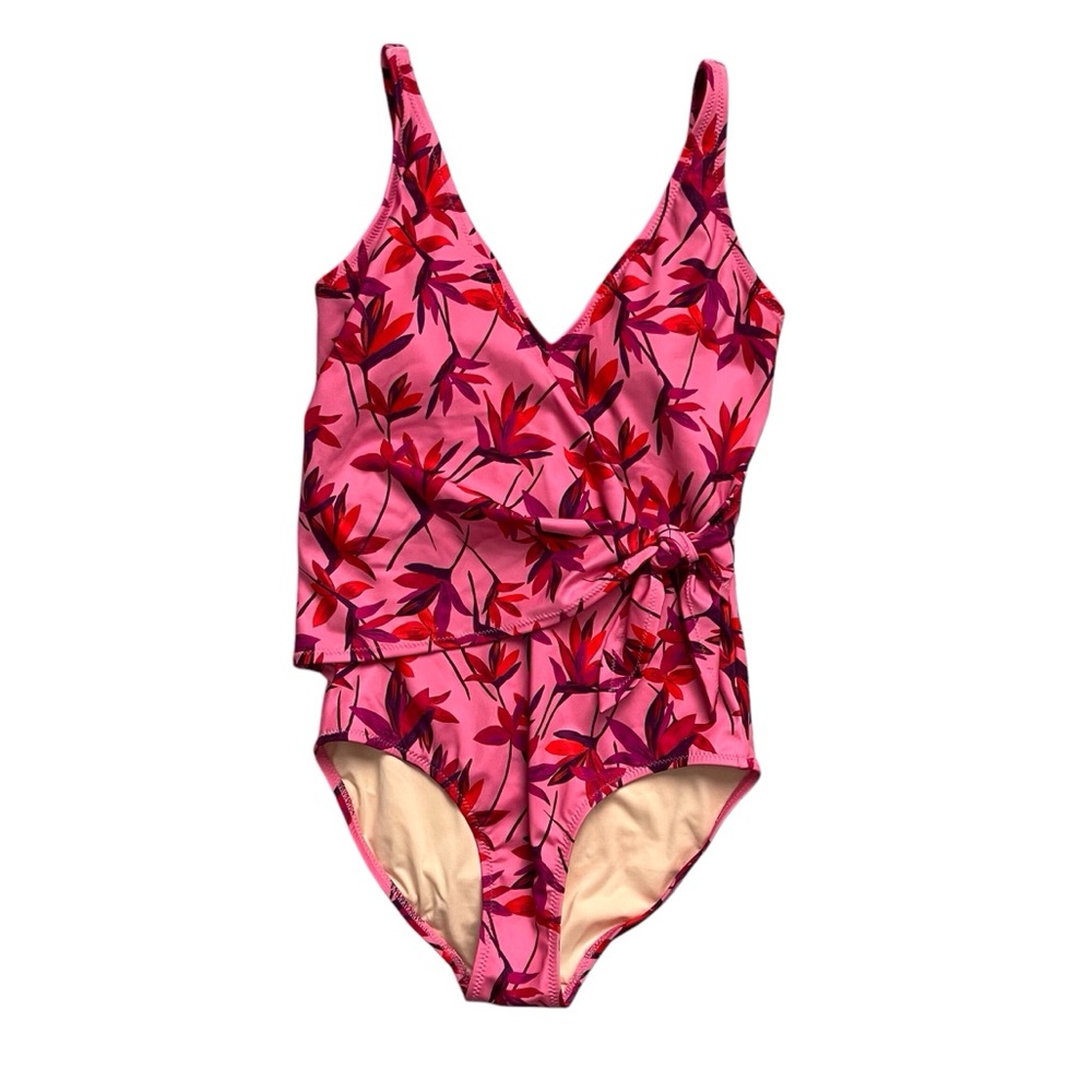Garnet Hill Rivera Wrap Front One Piece Swimsuit Pink Tropical Vacation Size 4
